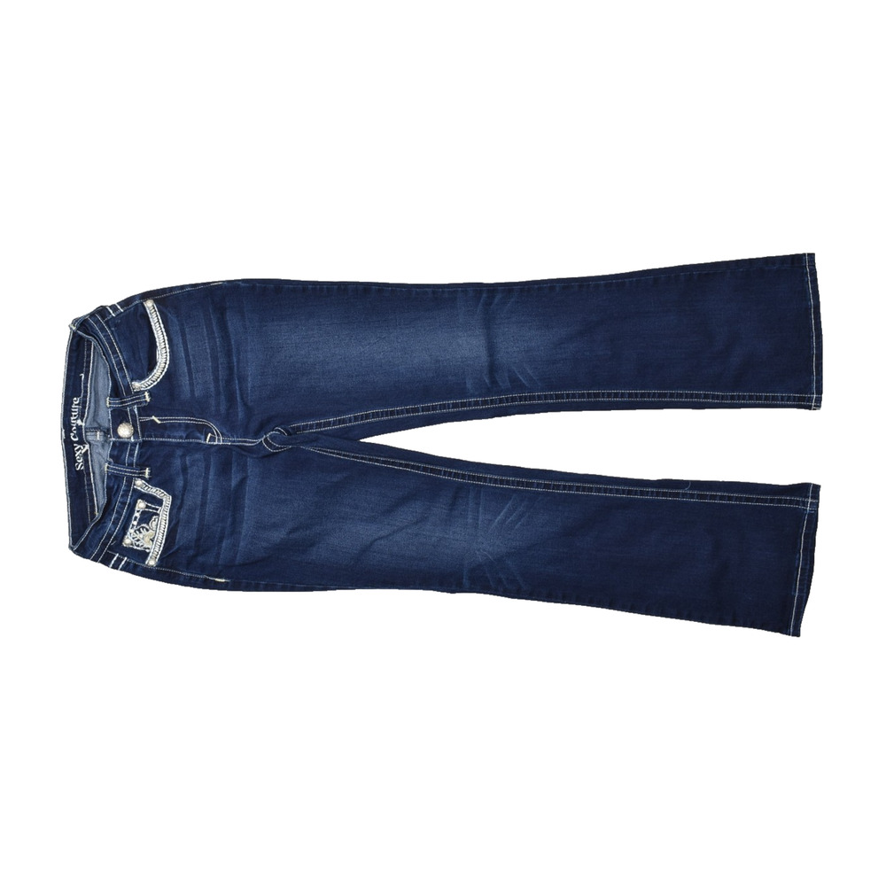 Sexy Couture Size 7 Women's Blue Bootcut Jeans Studded Rhinestone Cross Pocket